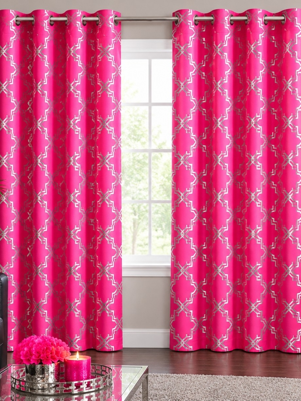 Hot Pink Metallic Geometric Blackout Grommet Curtains 2 Pcs